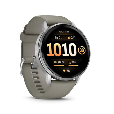 Garmin Venu® 4 - 45 mm Schwarz/Silber mit Schnellwechsel-Silikon-Armband 22 mm Grau